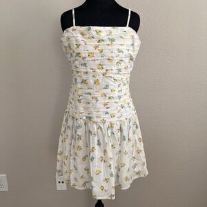 XL Lemon Print Mini Dress White Ruched Bodice Spaghetti Strap Cottagecore Summer